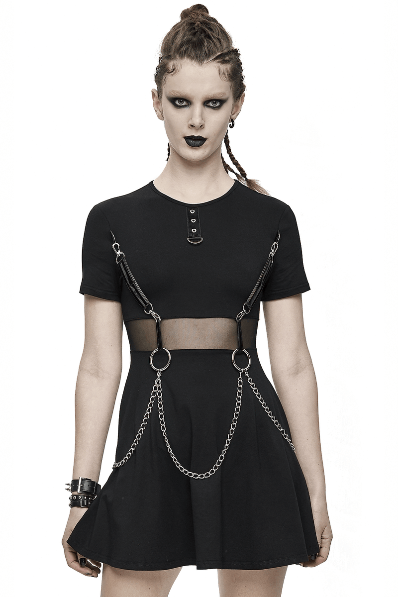 Black Women Gothic Punk Short Dress / Casual Female Short Sleeve Dresses with Chain - image 1