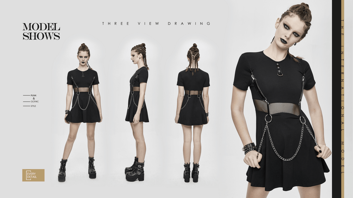 Black Women Gothic Punk Short Dress / Casual Female Short Sleeve Dresses with Chain - image 16