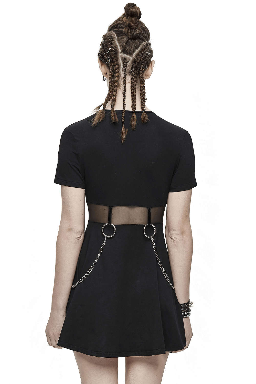 Black Women Gothic Punk Short Dress / Casual Female Short Sleeve Dresses with Chain - image 2