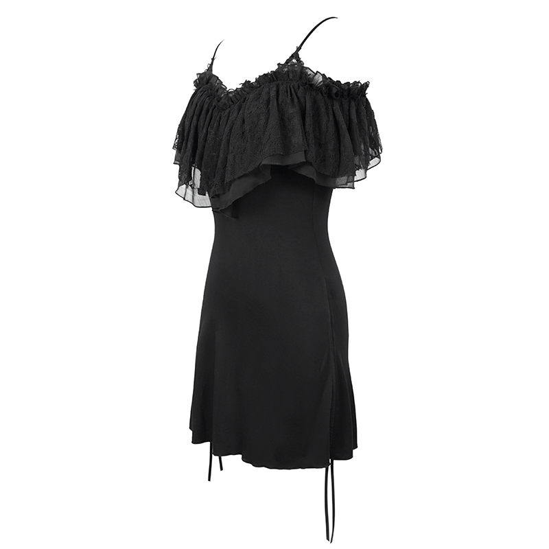 Black Women's Gothic Off-Shoulder Mini Dress / Slim Dress with Adjustable Rope on Both Sides - image 5