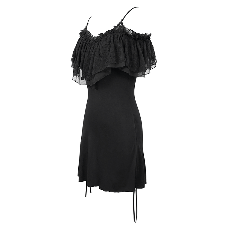 Black Women's Gothic Off-Shoulder Mini Dress / Slim Dress with Adjustable Rope on Both Sides - image 5