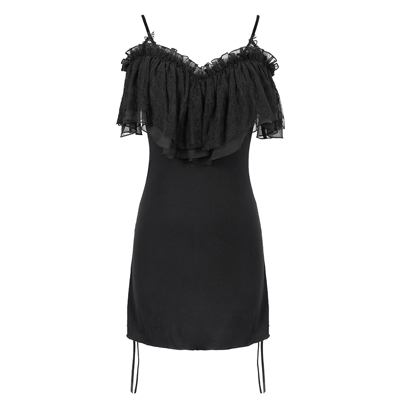 Black Women's Gothic Off-Shoulder Mini Dress / Slim Dress with Adjustable Rope on Both Sides - image 3