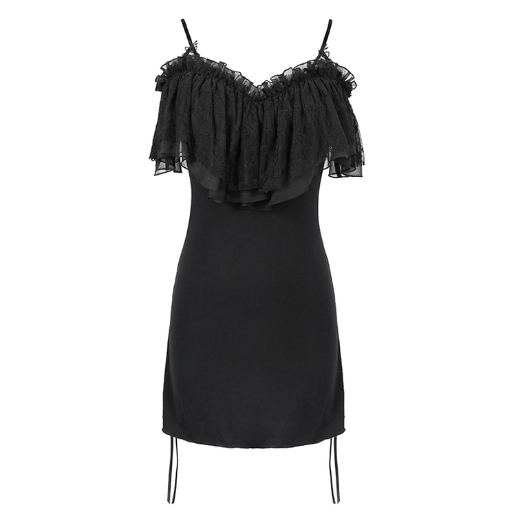 Black Women's Gothic Off-Shoulder Mini Dress / Slim Dress with Adjustable Rope on Both Sides - image 3