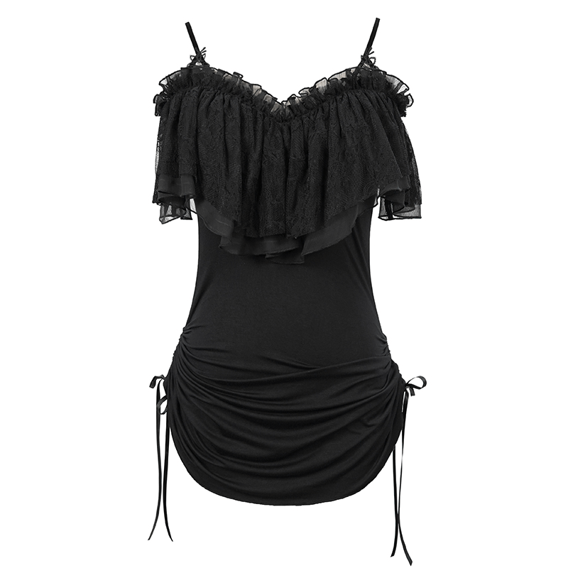 Black Women's Gothic Off-Shoulder Mini Dress / Slim Dress with Adjustable Rope on Both Sides - image 4