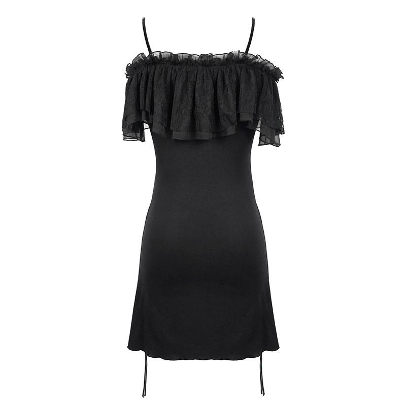 Black Women's Gothic Off-Shoulder Mini Dress / Slim Dress with Adjustable Rope on Both Sides - image 6