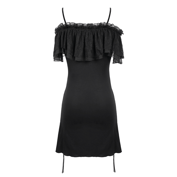 Black Women's Gothic Off-Shoulder Mini Dress / Slim Dress with Adjustable Rope on Both Sides - image 6