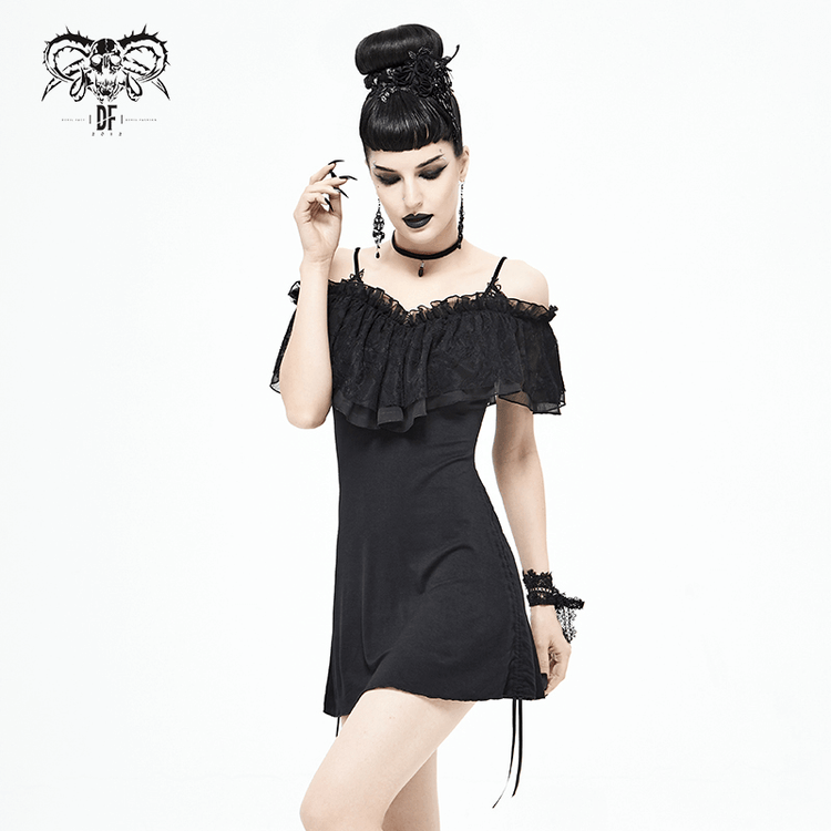 Black Women's Gothic Off-Shoulder Mini Dress / Slim Dress with Adjustable Rope on Both Sides - image 10