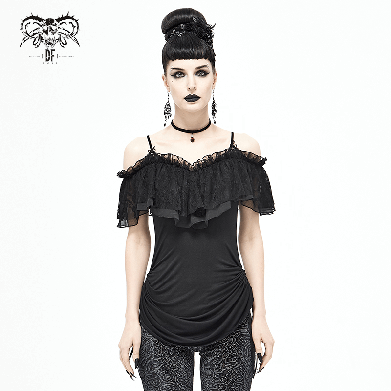 Black Women's Gothic Off-Shoulder Mini Dress / Slim Dress with Adjustable Rope on Both Sides - image 11