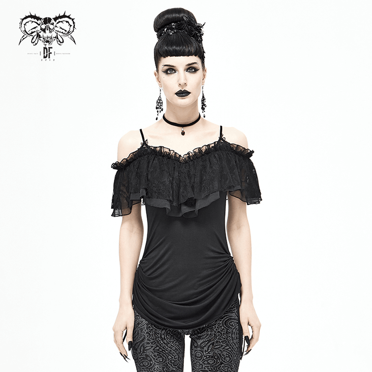 Black Women's Gothic Off-Shoulder Mini Dress / Slim Dress with Adjustable Rope on Both Sides - image 11