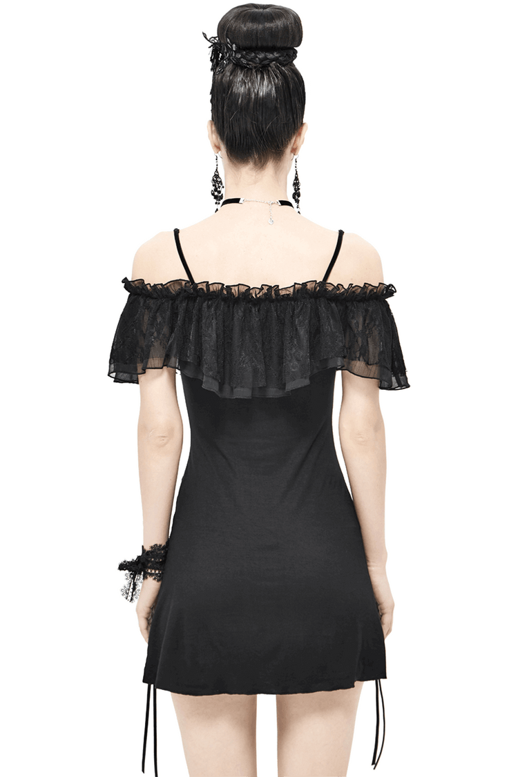 Black Women's Gothic Off-Shoulder Mini Dress / Slim Dress with Adjustable Rope on Both Sides - image 2