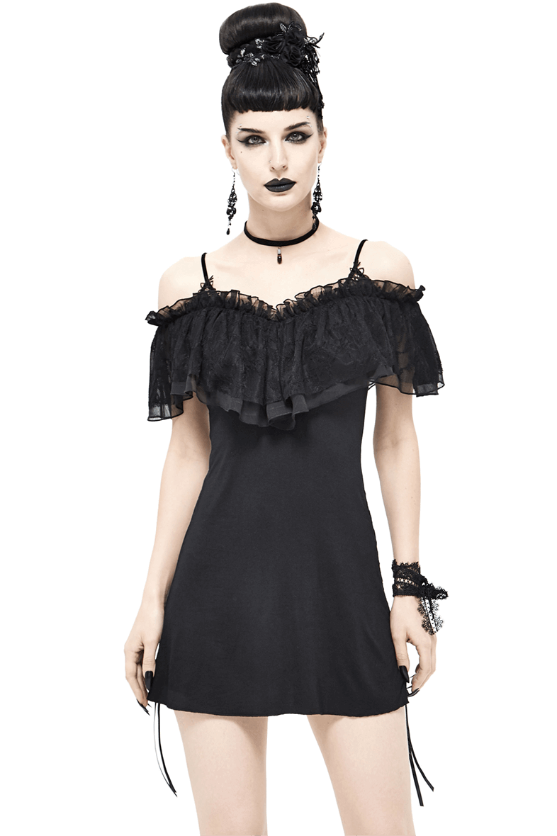 Black Women's Gothic Off-Shoulder Mini Dress / Slim Dress with Adjustable Rope on Both Sides - image 1