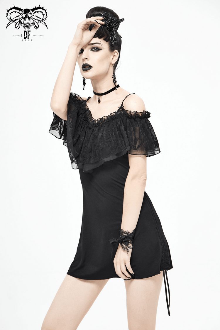 Black Women's Gothic Off-Shoulder Mini Dress / Slim Dress with Adjustable Rope on Both Sides - image 12