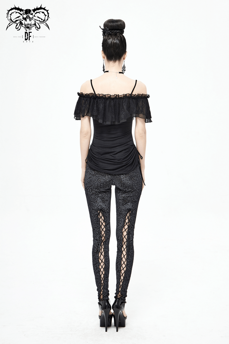 Black Women's Gothic Off-Shoulder Mini Dress / Slim Dress with Adjustable Rope on Both Sides - image 18