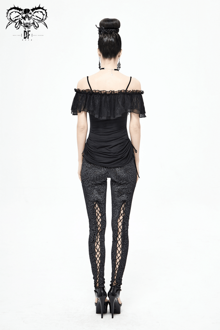 Black Women's Gothic Off-Shoulder Mini Dress / Slim Dress with Adjustable Rope on Both Sides - image 18