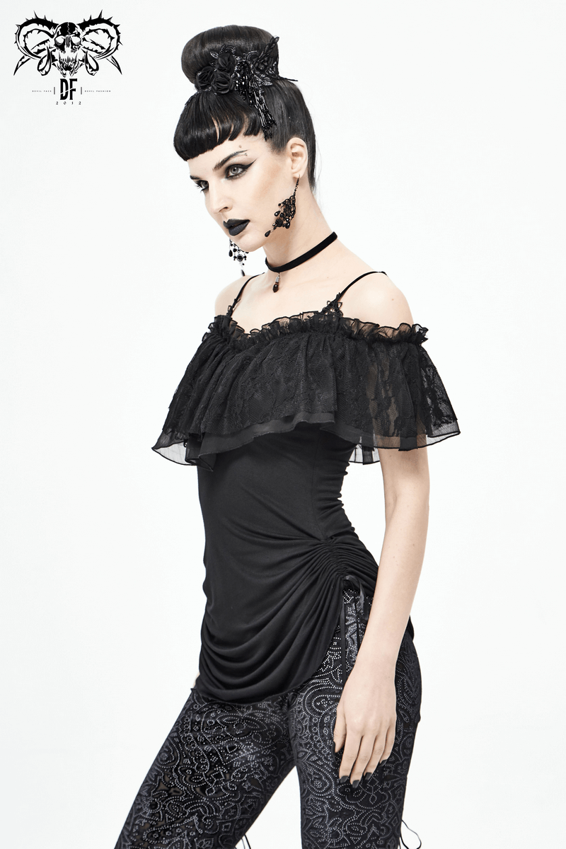 Black Women's Gothic Off-Shoulder Mini Dress / Slim Dress with Adjustable Rope on Both Sides - image 15