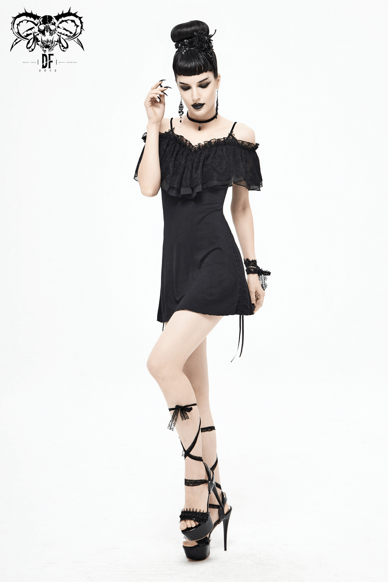 Black Women's Gothic Off-Shoulder Mini Dress / Slim Dress with Adjustable Rope on Both Sides - image 16