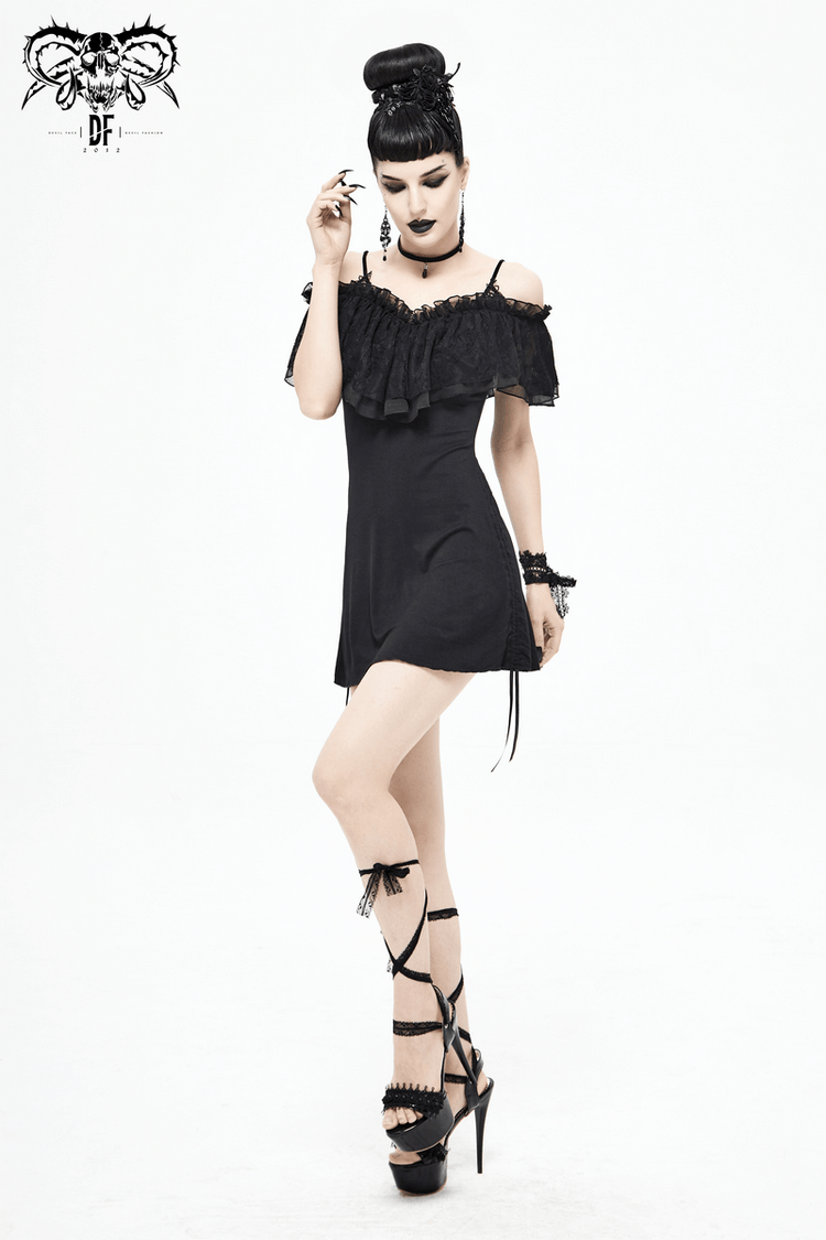 Black Women's Gothic Off-Shoulder Mini Dress / Slim Dress with Adjustable Rope on Both Sides - image 16