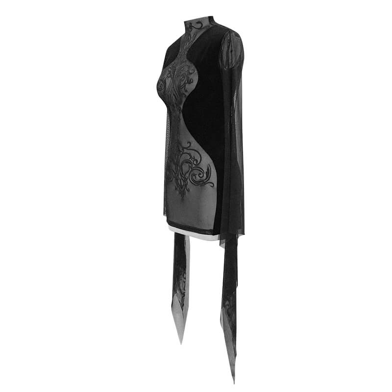 Black Women's Gothic Tight Long Sleeve Dress / Sexy Transparent Short Mini Dresses - image 5
