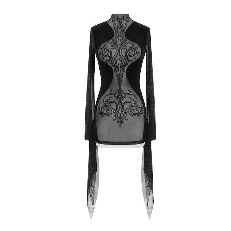 Black Women's Gothic Tight Long Sleeve Dress / Sexy Transparent Short Mini Dresses - image 3