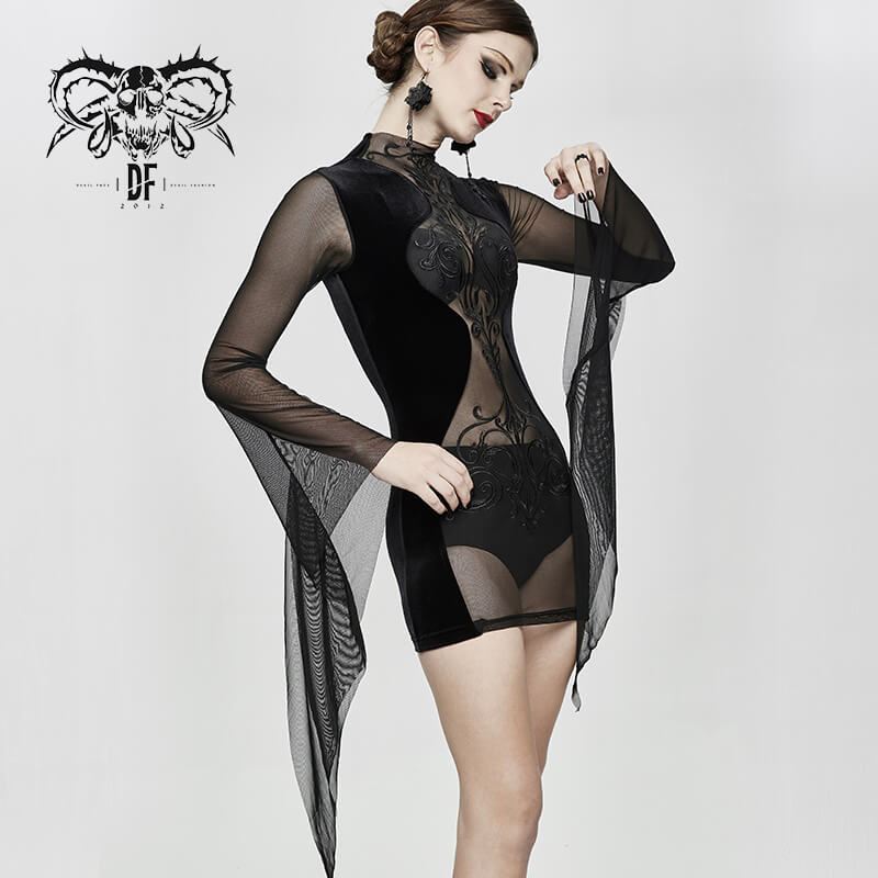 Black Women's Gothic Tight Long Sleeve Dress / Sexy Transparent Short Mini Dresses - image 12
