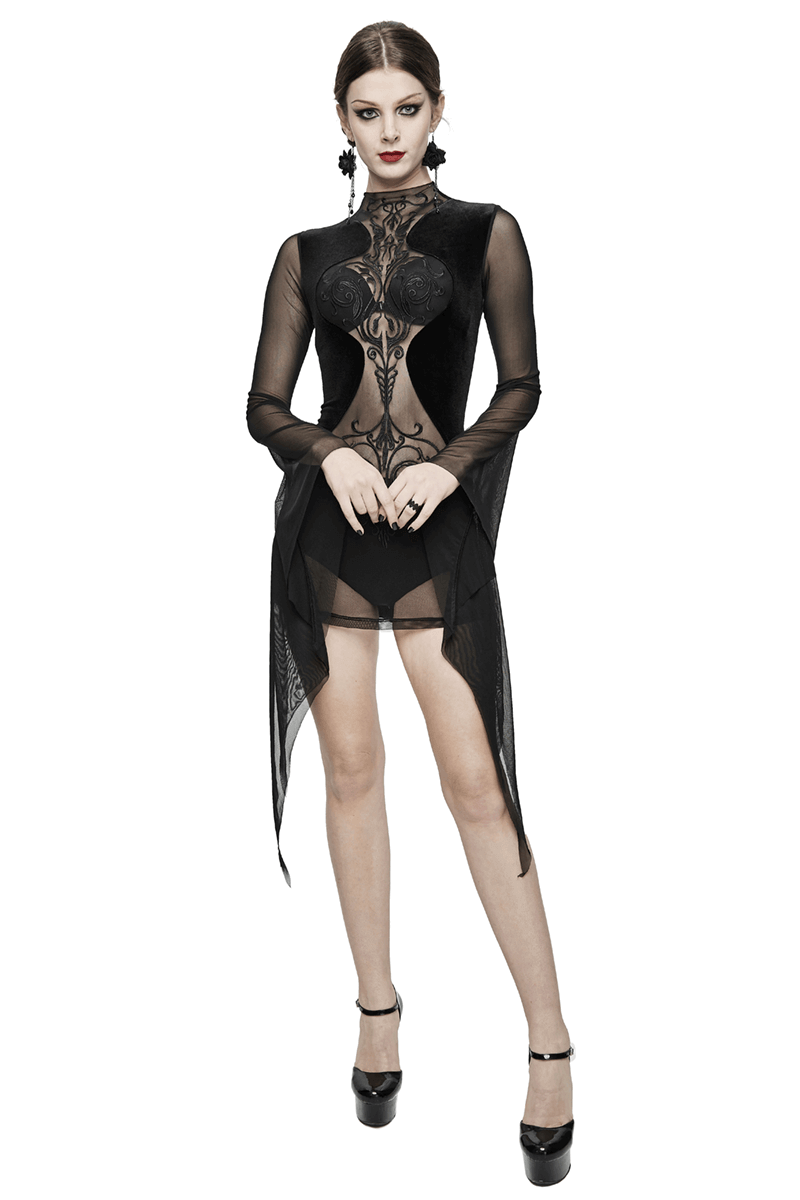Black Women's Gothic Tight Long Sleeve Dress / Sexy Transparent Short Mini Dresses - image 1
