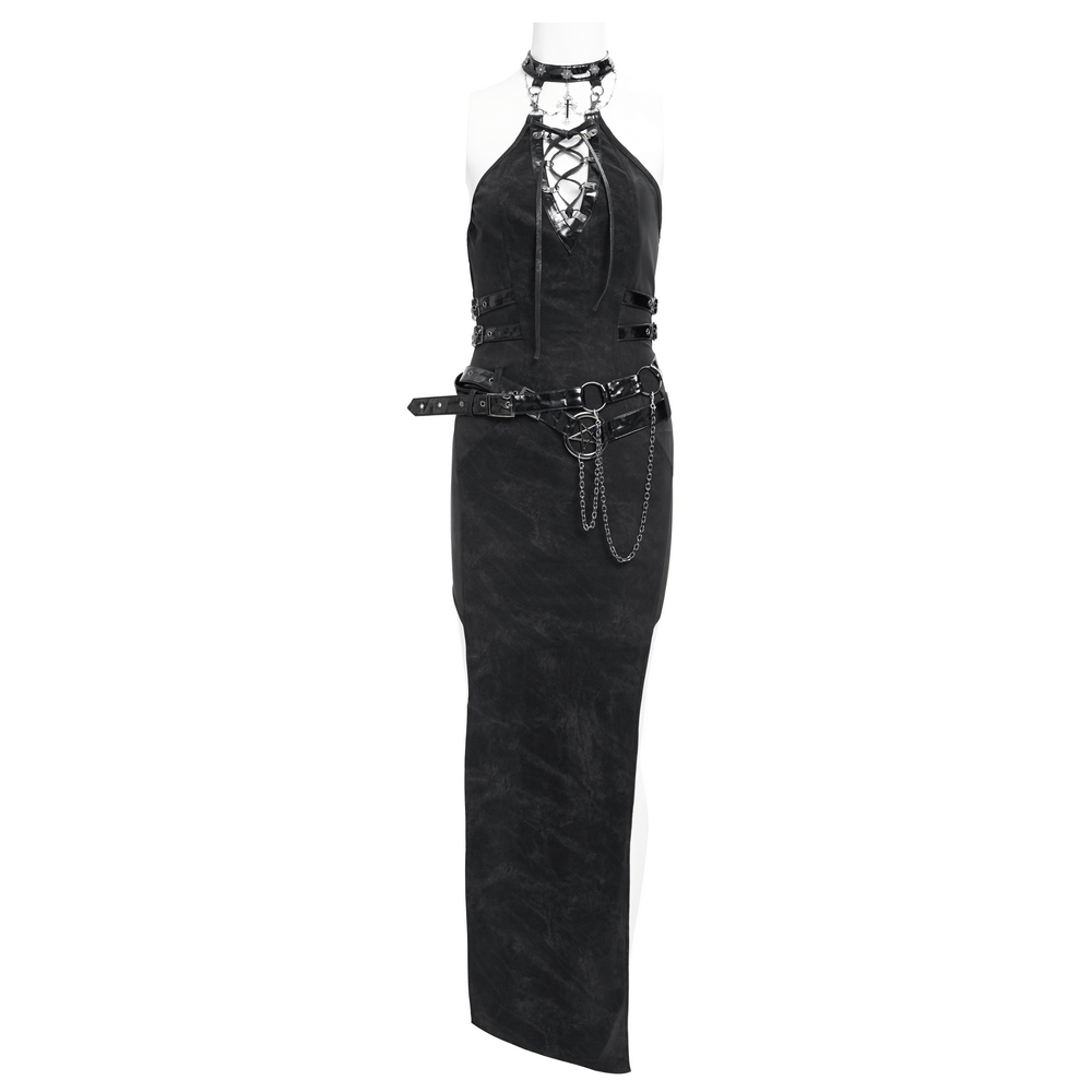 Bold Black Halter Dress with Chains and Buckles - image 3