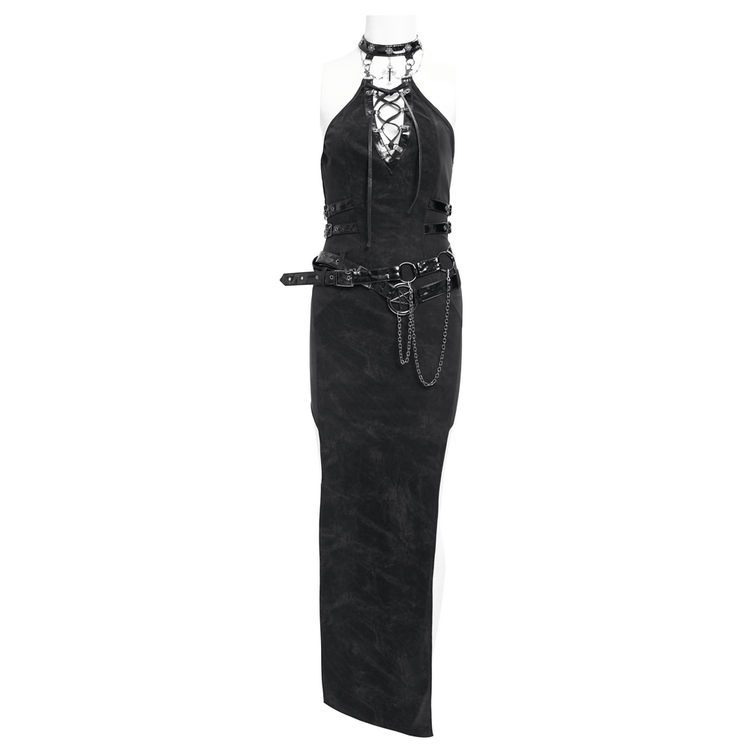 Bold Black Halter Dress with Chains and Buckles - image 3