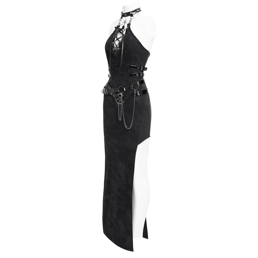 Bold Black Halter Dress with Chains and Buckles - image 4