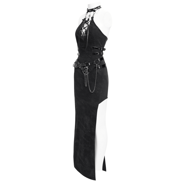 Bold Black Halter Dress with Chains and Buckles - image 4