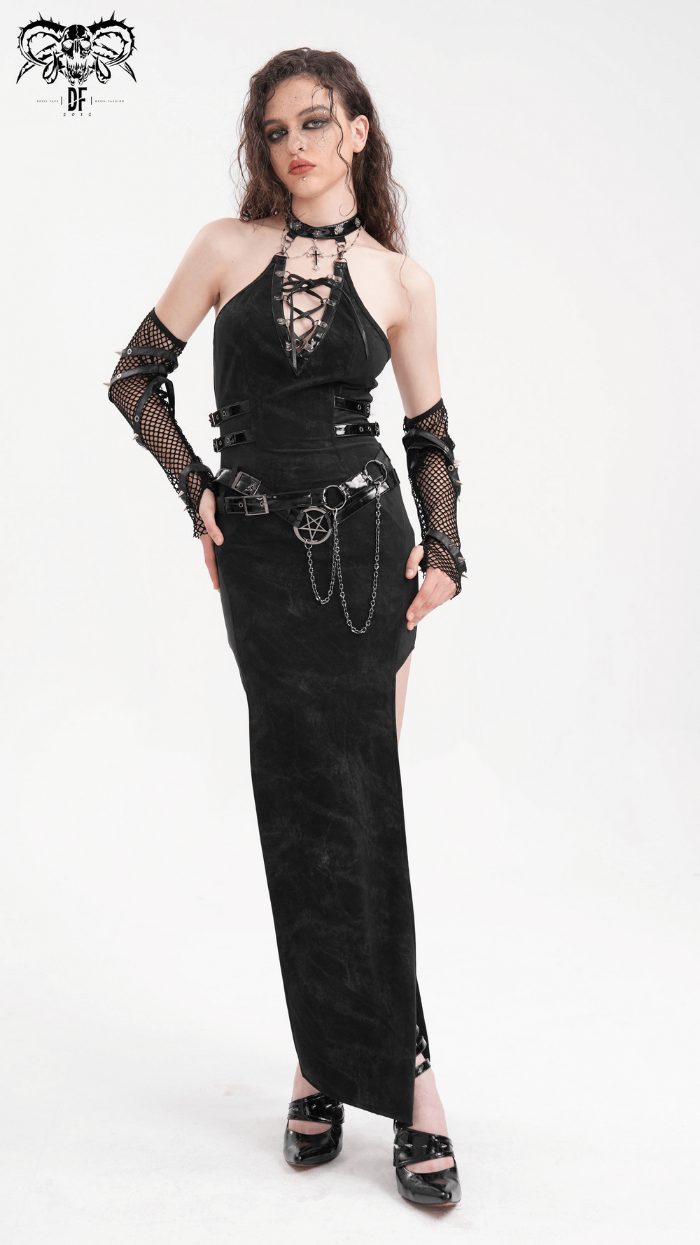 Bold Black Halter Dress with Chains and Buckles - image 18