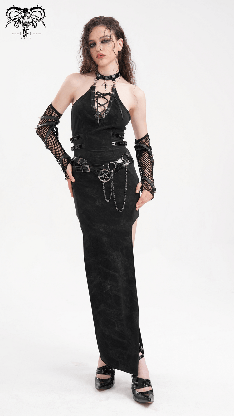 Bold Black Halter Dress with Chains and Buckles - image 18