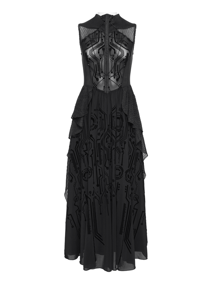 Bold Cyber Gothic Circuit Print Sleeveless Maxi Dress - image 4
