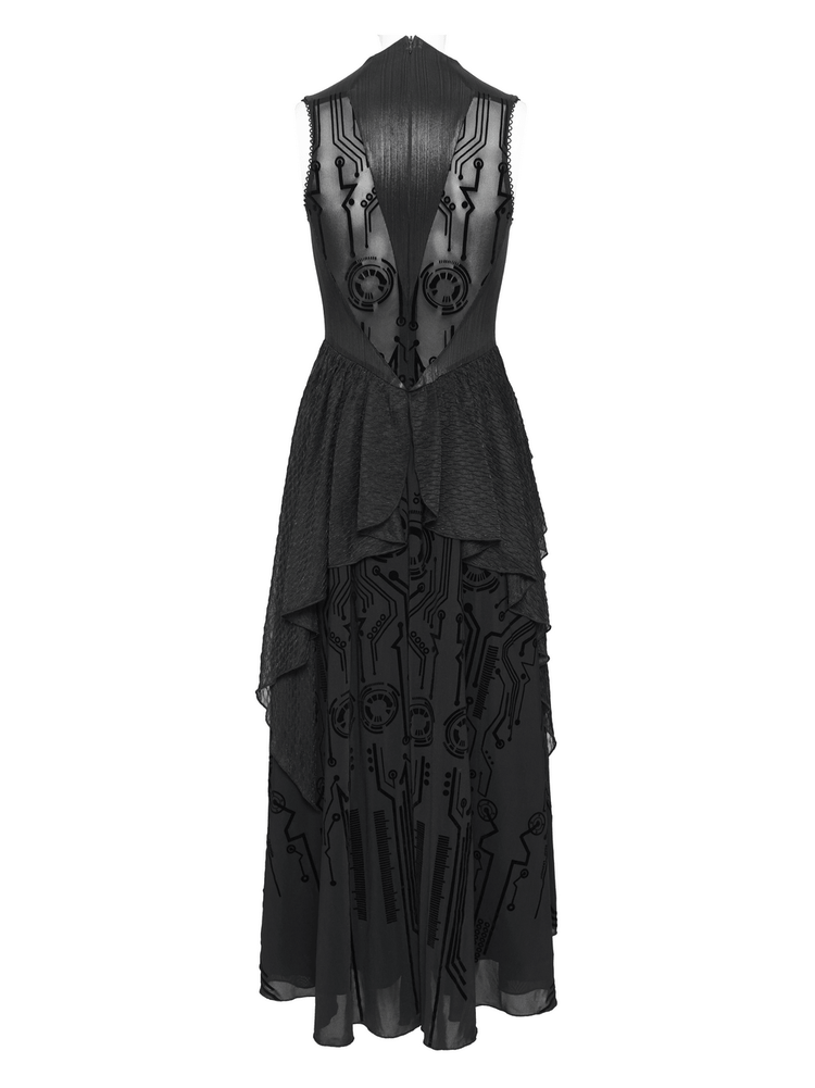Bold Cyber Gothic Circuit Print Sleeveless Maxi Dress - image 6