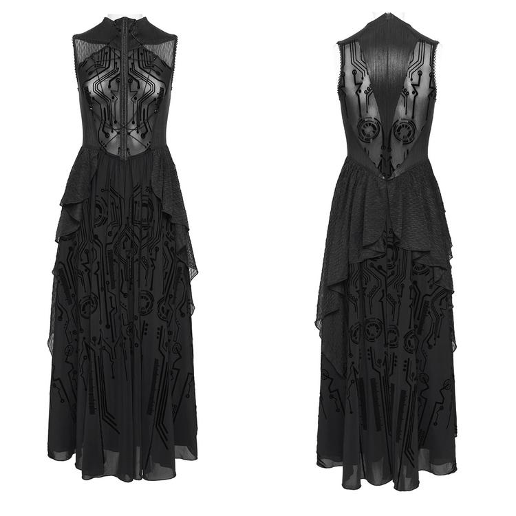 Bold Cyber Gothic Circuit Print Sleeveless Maxi Dress - image 3