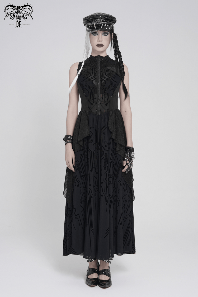 Bold Cyber Gothic Circuit Print Sleeveless Maxi Dress - image 14