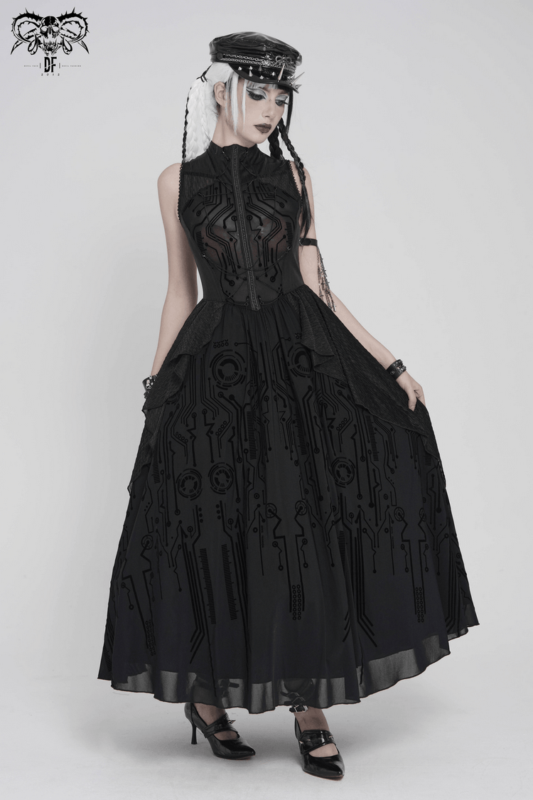 Bold Cyber Gothic Circuit Print Sleeveless Maxi Dress - image 15