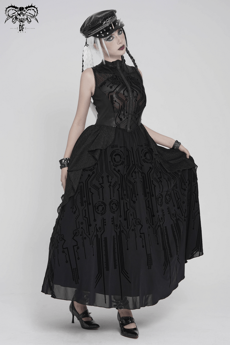 Bold Cyber Gothic Circuit Print Sleeveless Maxi Dress - image 18