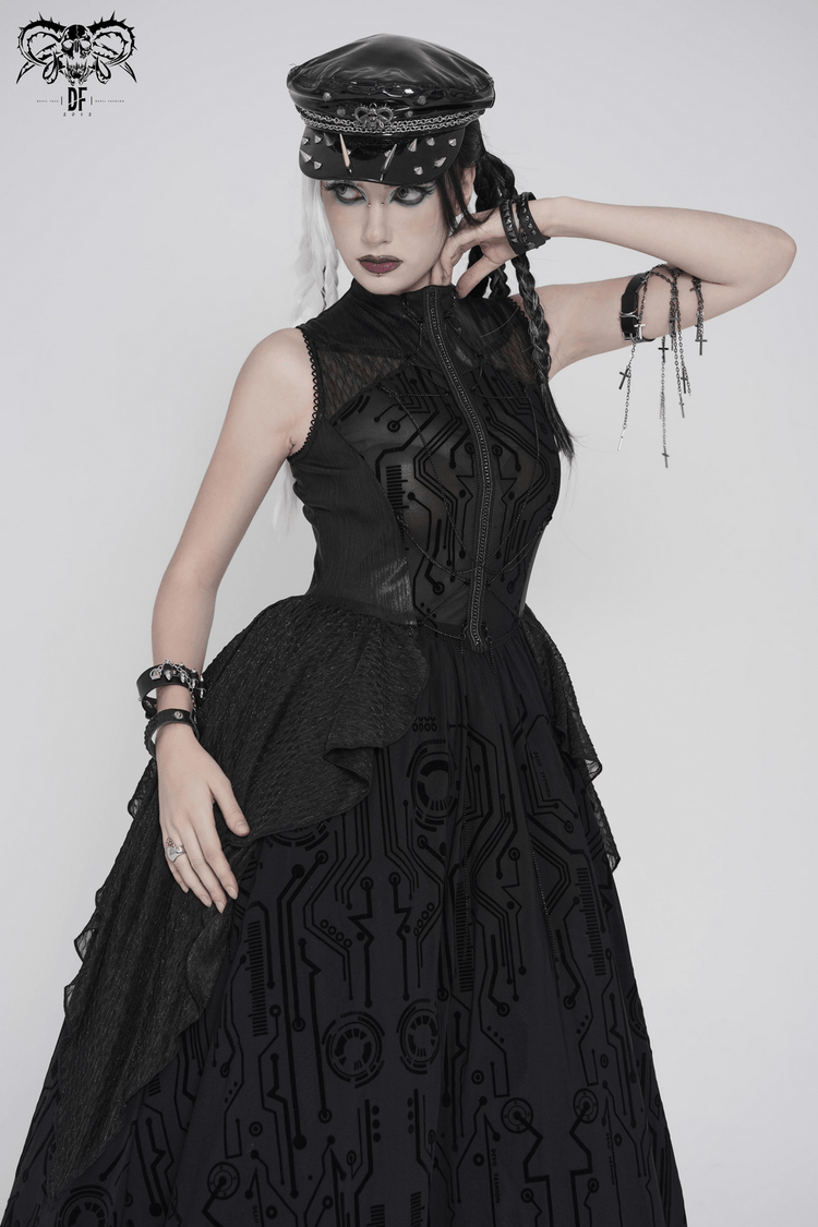 Bold Cyber Gothic Circuit Print Sleeveless Maxi Dress - image 13