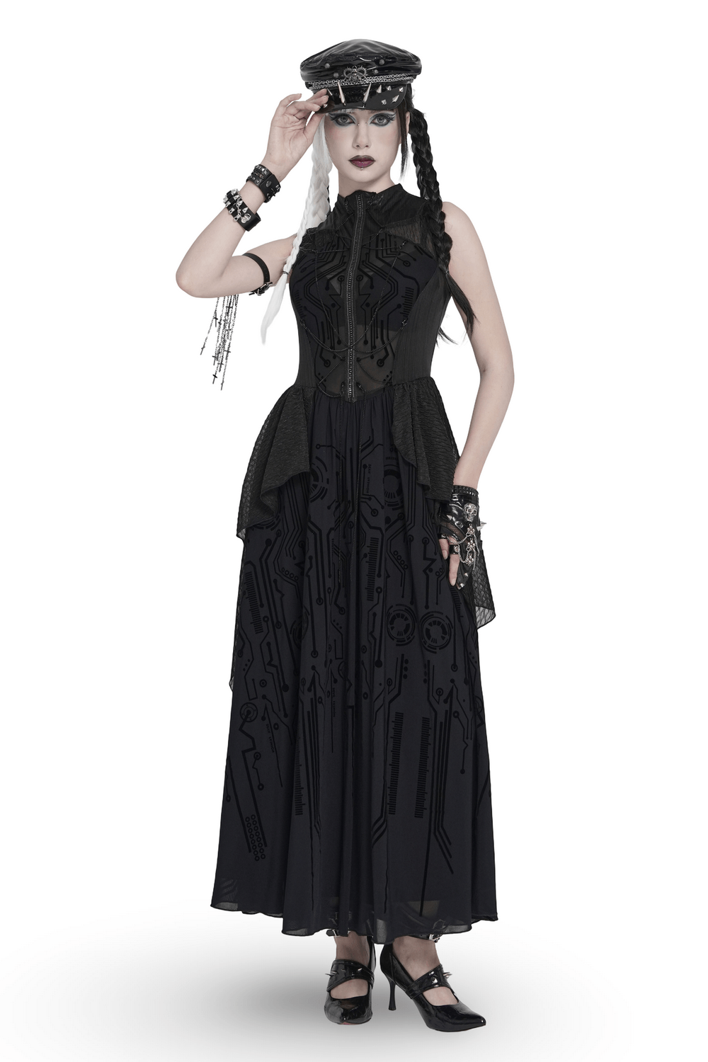 Bold Cyber Gothic Circuit Print Sleeveless Maxi Dress - image 1