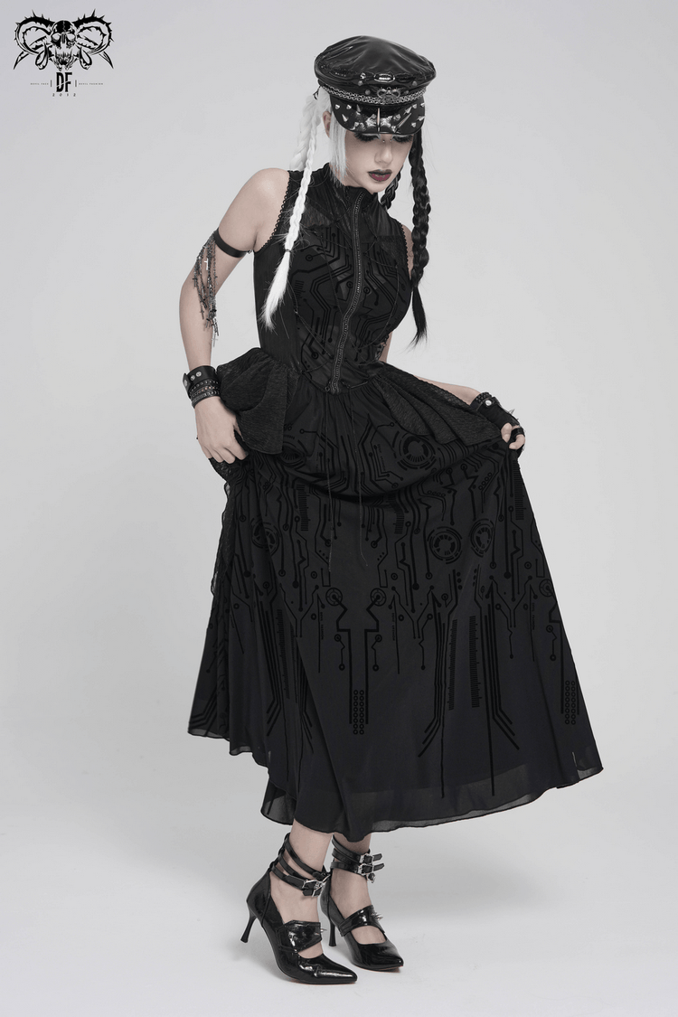 Bold Cyber Gothic Circuit Print Sleeveless Maxi Dress - image 16