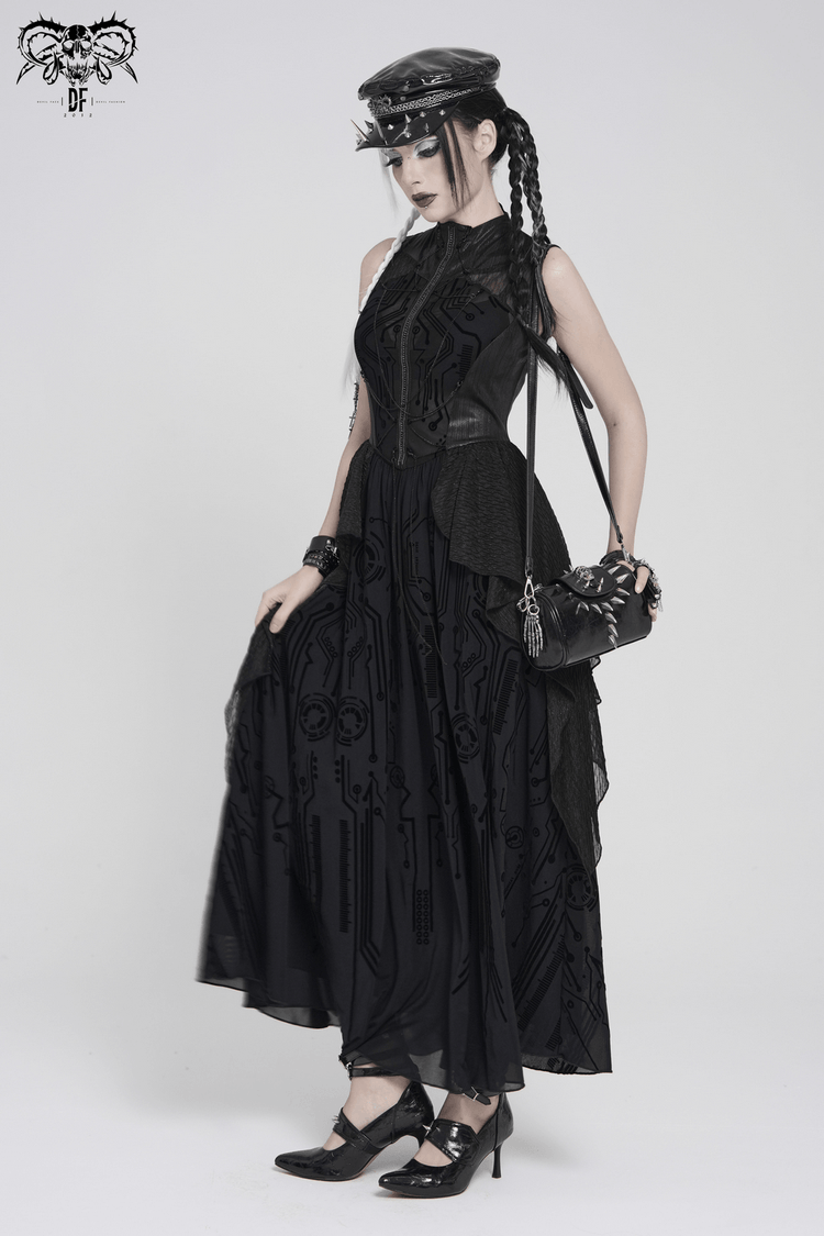 Bold Cyber Gothic Circuit Print Sleeveless Maxi Dress - image 17