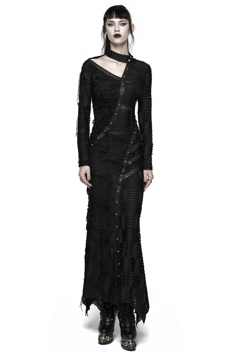 Bold Ragged Knit and Leather Long Asymmetric Dress - image 1
