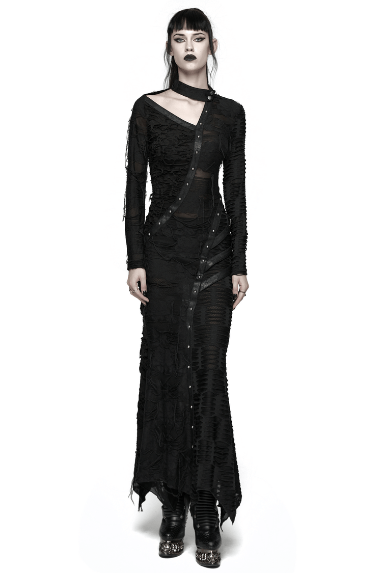 Bold Ragged Knit and Leather Long Asymmetric Dress - image 1