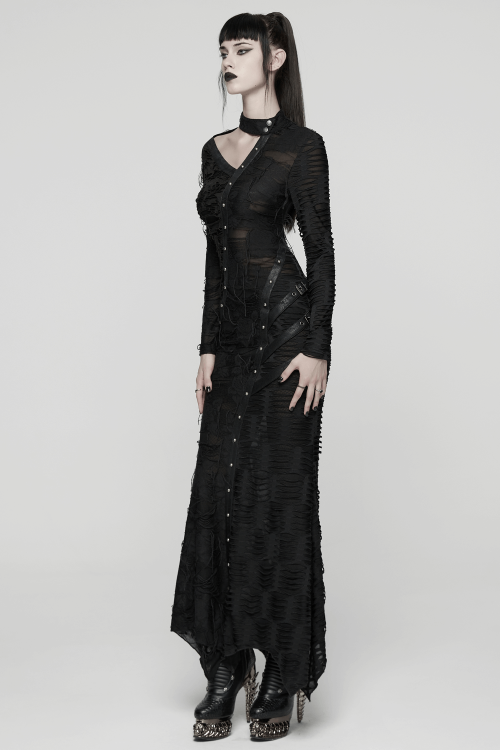 Bold Ragged Knit and Leather Long Asymmetric Dress - image 12