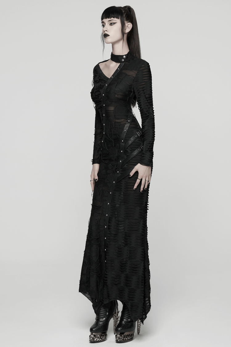 Bold Ragged Knit and Leather Long Asymmetric Dress - image 12