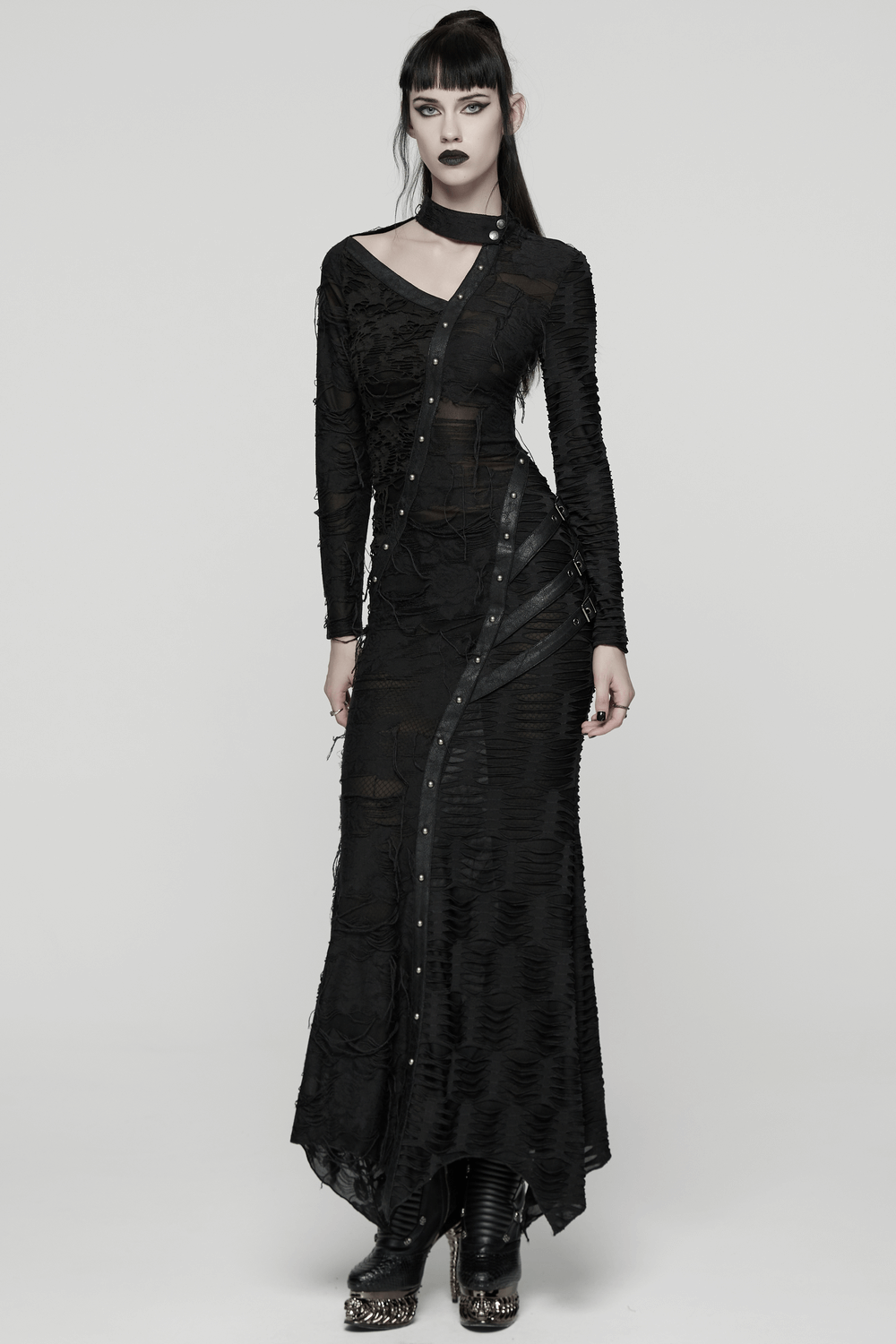 Bold Ragged Knit and Leather Long Asymmetric Dress - image 11