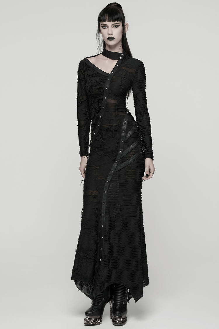 Bold Ragged Knit and Leather Long Asymmetric Dress - image 11