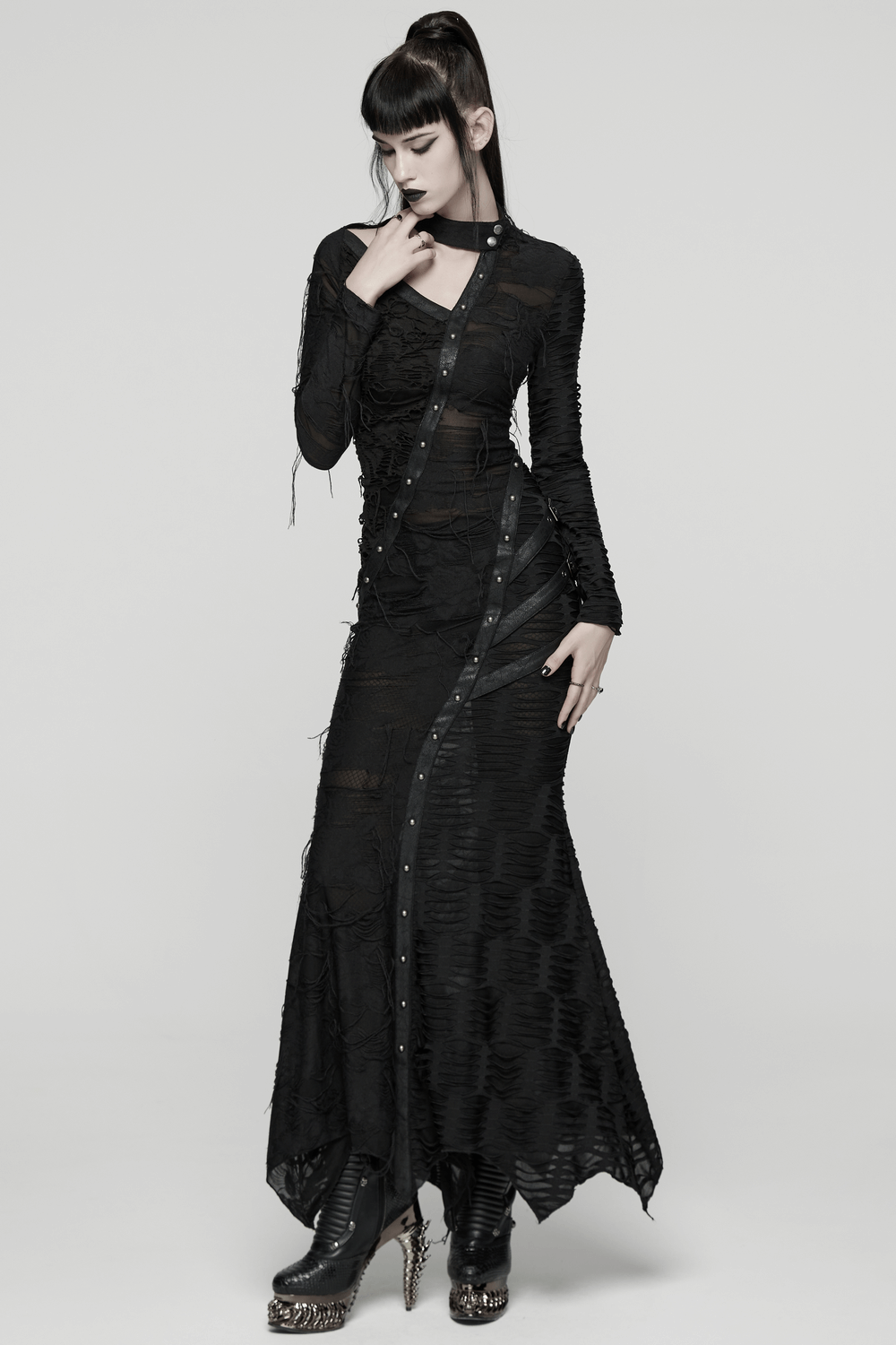 Bold Ragged Knit and Leather Long Asymmetric Dress - image 13