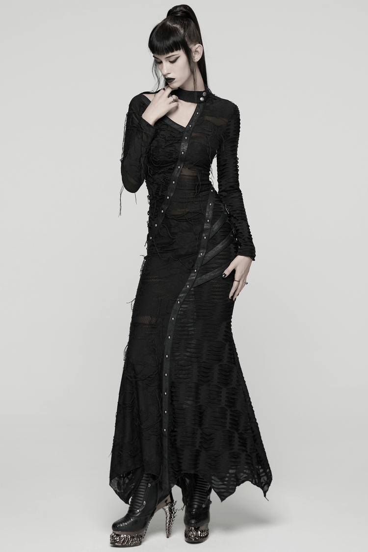 Bold Ragged Knit and Leather Long Asymmetric Dress - image 13