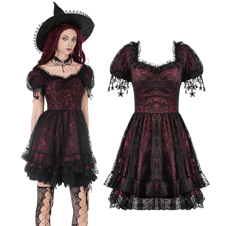 Burgundy Gothic Lace Corset Dress with Star Charm Sleeves - image 3